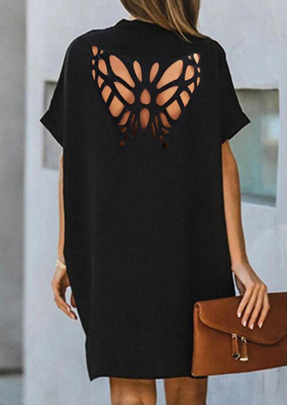 

Lace Splicing Hollow Out Butterfly V-Neck Mini Dress - Black, 502956