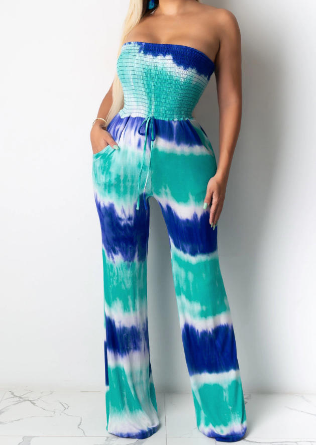 

Tie Dye Ruched Pocket Drawstring Strapless Jumpsuit, Multicolor, 502979