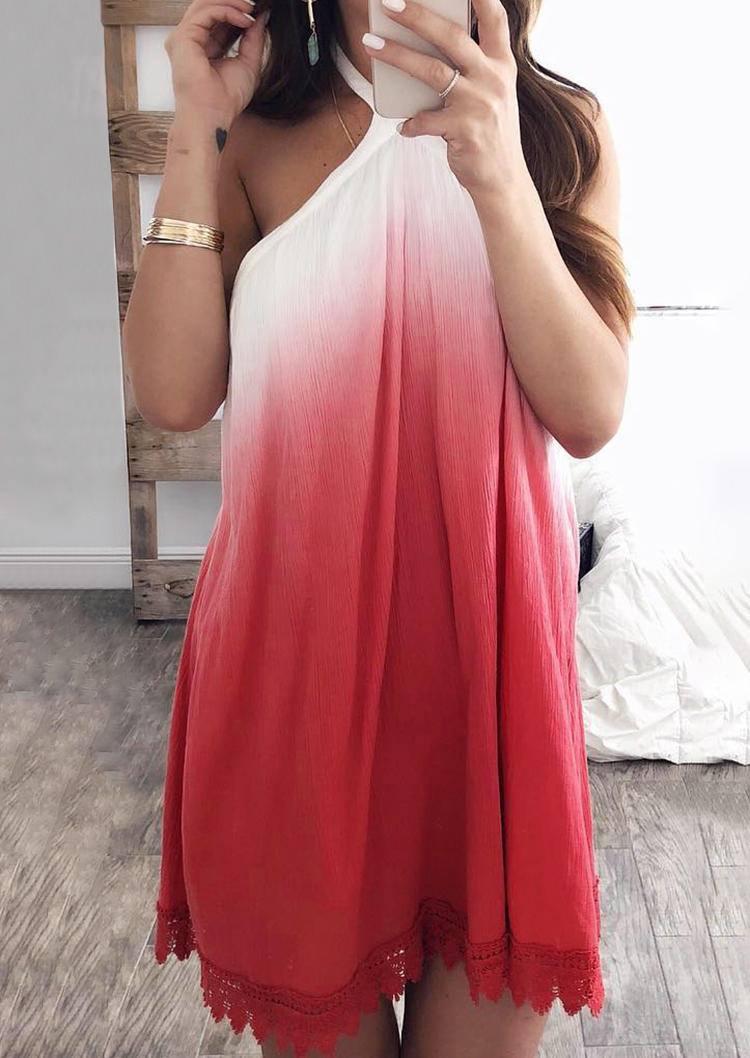 

Tie Dye Lace Trim Halter Open Back Mini Dress - Red, 502991