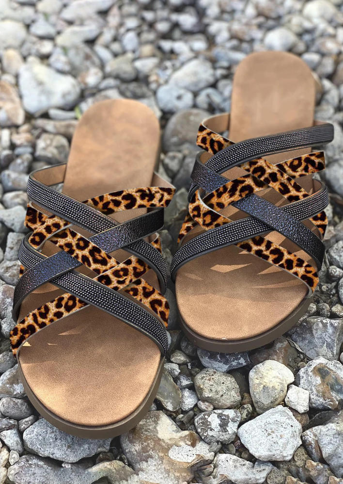 

Leopard Rhinestone Criss-Cross Band Flat Slippers, 503126