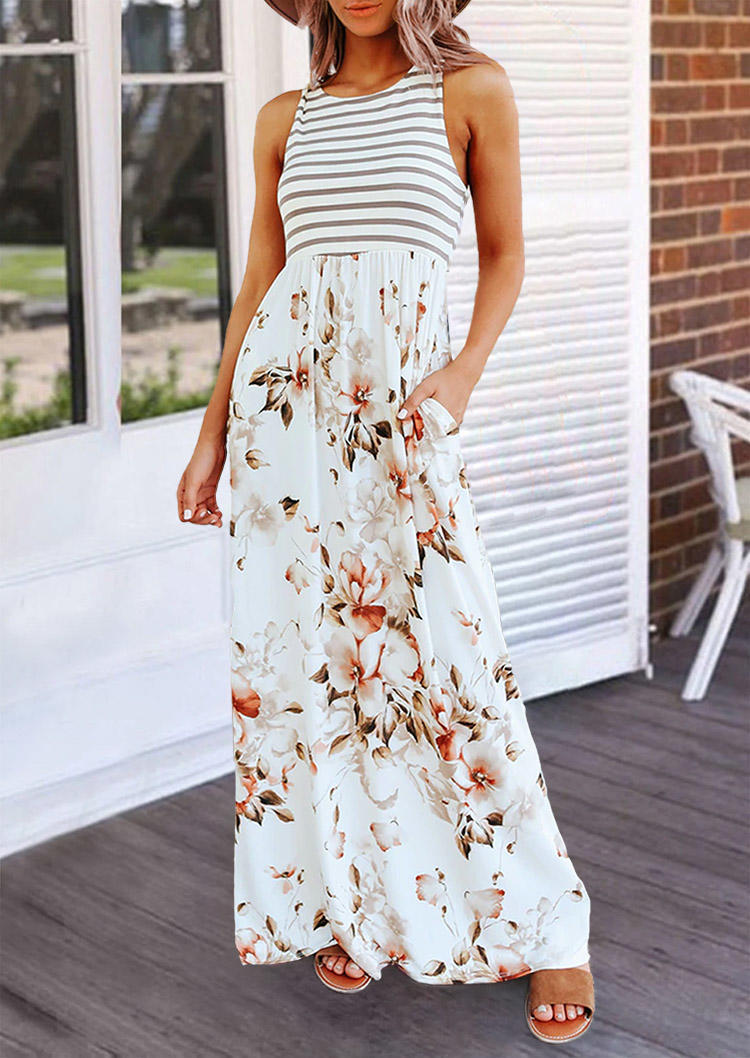 

Floral Striped Pocket Sleeveless Maxi Dress - White, 500675