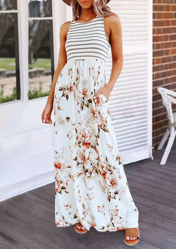 Floral Striped Pocket Sleeveless Maxi Dress - White - Bellelily