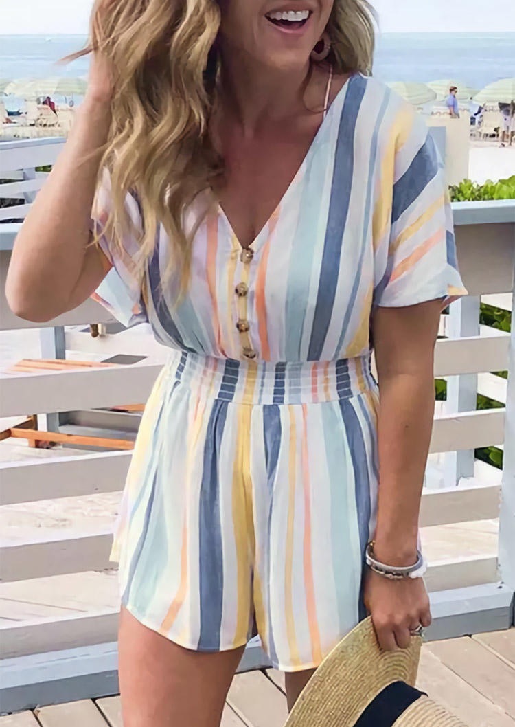 

Colorful Striped Elastic Waist Button V-Neck Romper - White, 502545