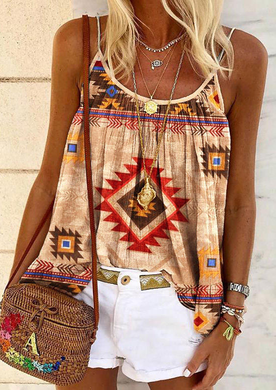 

Western Aztec Geometric Ruffled Camisole, Multicolor, 502620