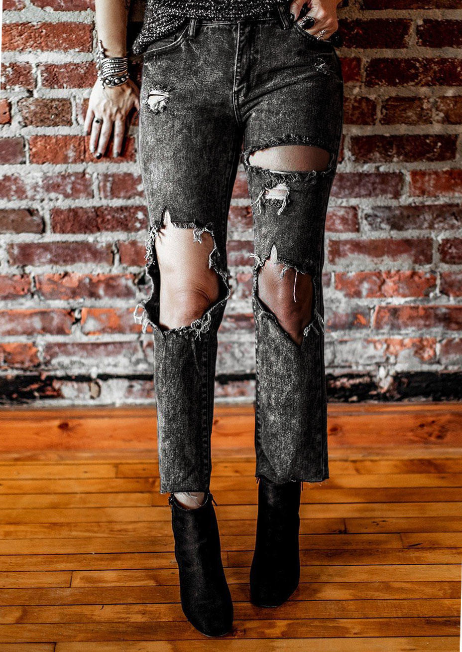 

Ripped Hole Distressed Pocket Denim Jeans - Dark Grey, 502789