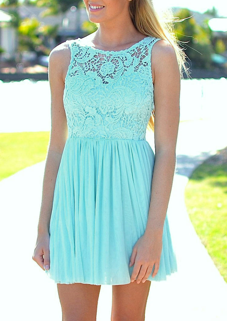 

Hollow Out Lace Splicing Ruffle Mini Dress - Cyan, 502792