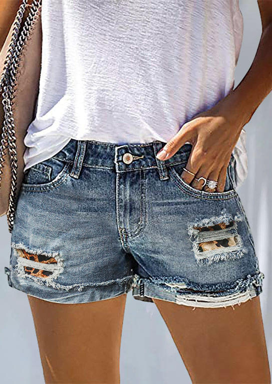 

Leopard Splicing Button Ripped Hole Denim Shorts - Blue, 502842