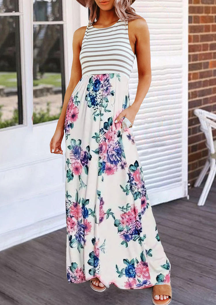 

Striped Floral Splicing Pocket Sleeveless Maxi Dress - White, 503195