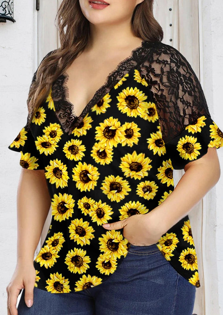 

Plus Size Sunflower Lace Splicing V-Neck Blouse - Black, 503204