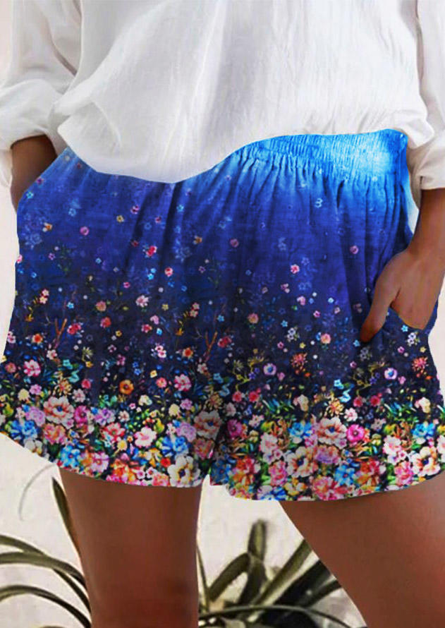

Gradient Floral Elastic Waist Pocket Wide Leg Shorts, Blue, 503209