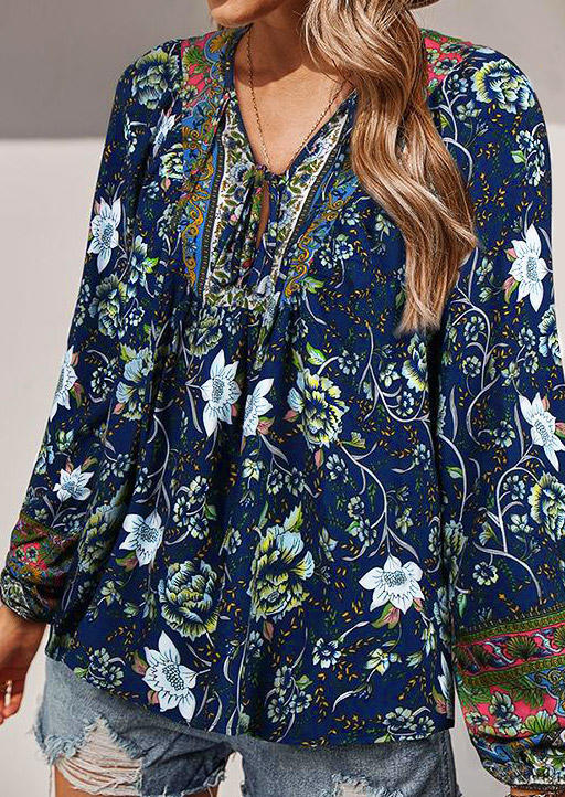 

Vintage Floral Tie Long Sleeve Blouse - Navy Blue, 503267