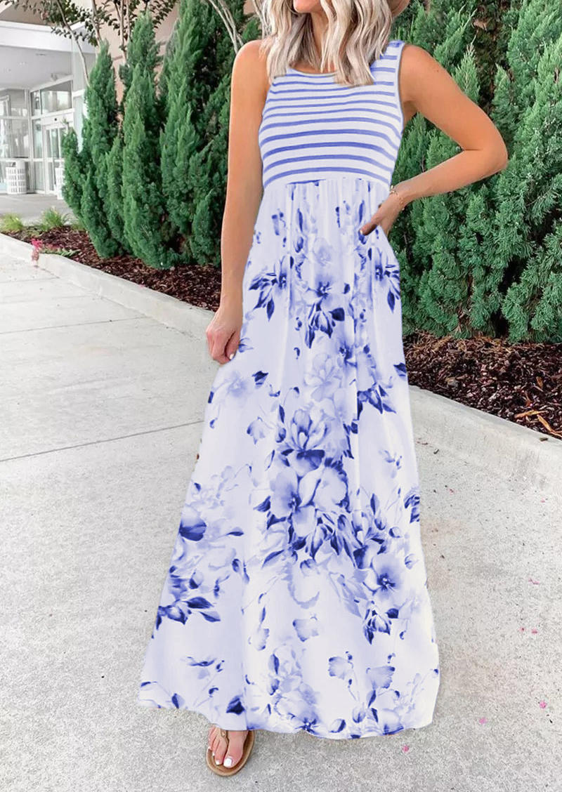 

Floral Striped Pocket Sleeveless Maxi Dress - Royal Blue, 503133
