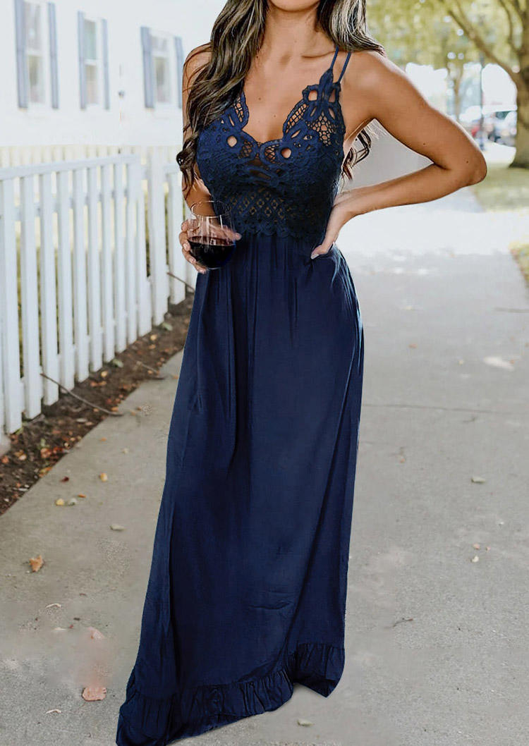 

Ruffled Hollow Out Lace Splicing Adjustable Strap Maxi Dress - Deep Blue, 502486