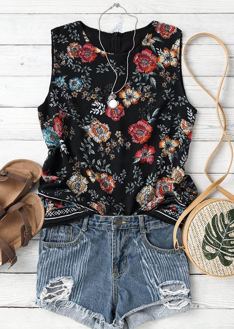 

Vintage Floral Leaf Zipper Sleeveless Tank - Black, 502648
