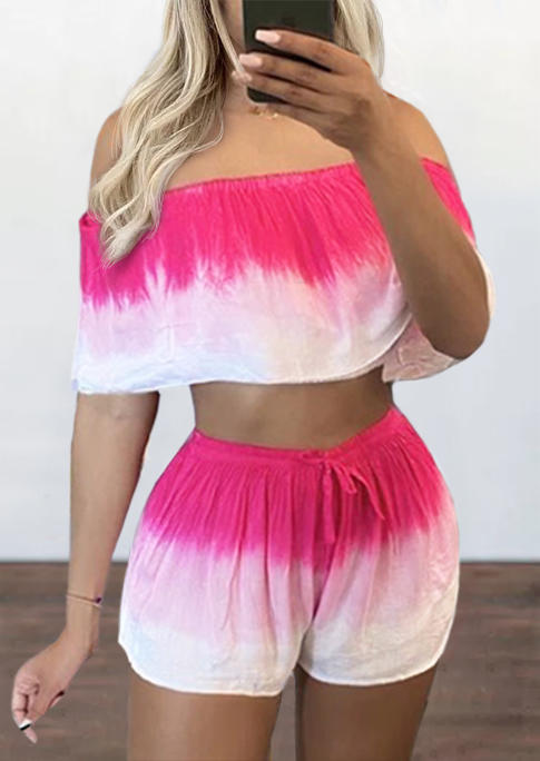 

Gradient Off Shoulder Crop Top And Drawstring Shorts Two-Piece Set, Multicolor, 502736
