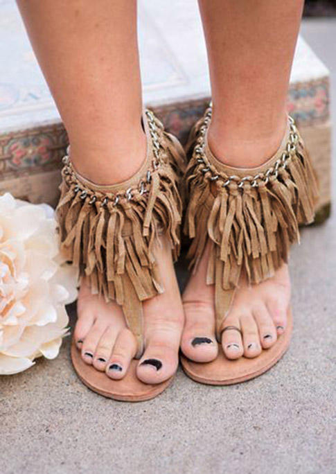 

Bohemian Tassel Flat Sandals - Light Brown, 502771