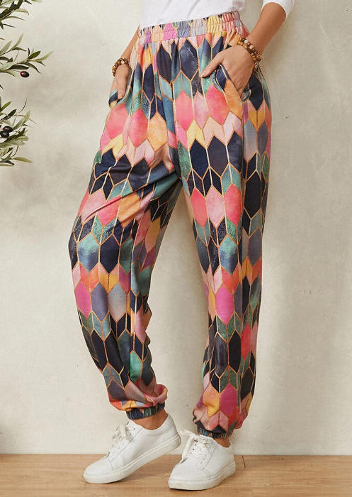 

Colorful Geometric Elastic Waist Pocket Pants, Multicolor, 503152