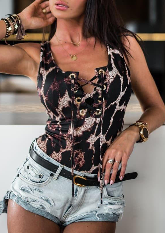 

Leopard Lace Up Sleeveless Bodysuit, 503194