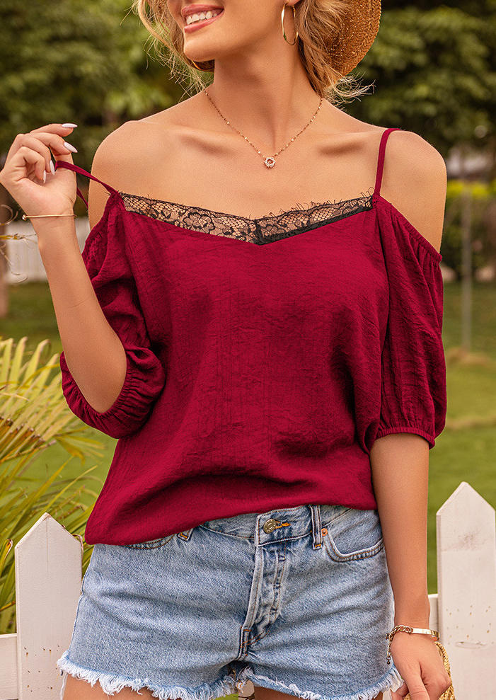 

Lace Splicing Hollow Out Cold Shoulder Blouse - Burgundy, 503229