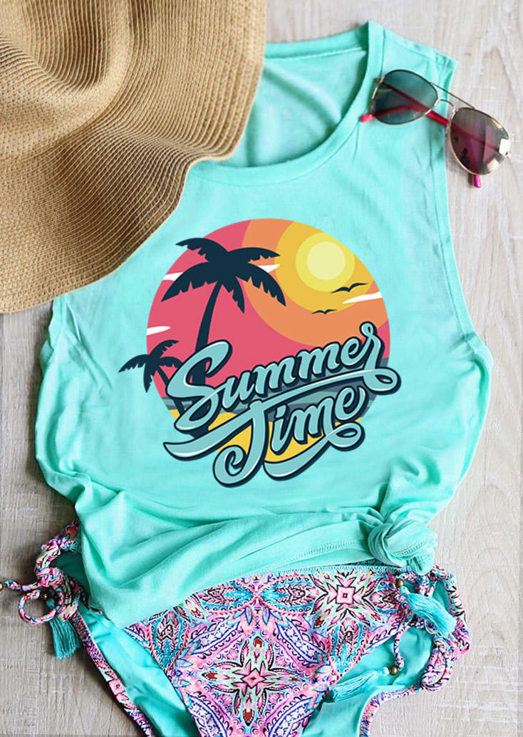 

Summer Time Palm Tree Sunrise O-Neck Tank - Cyan, 502087