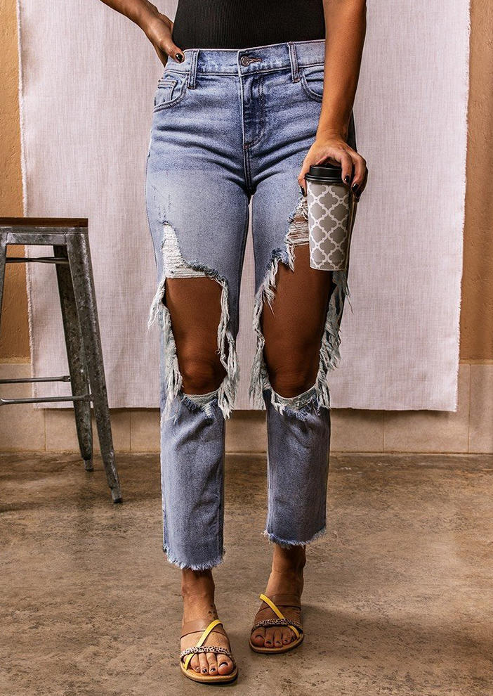 

Hollow Out Ripped Hole Frayed Hem Denim Jeans - Light Blue, 502688