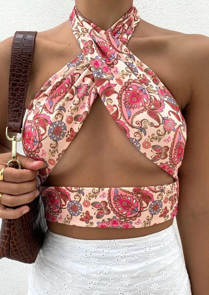 

Paisley Hollow Out Halter Crop Top, Multicolor, 502873