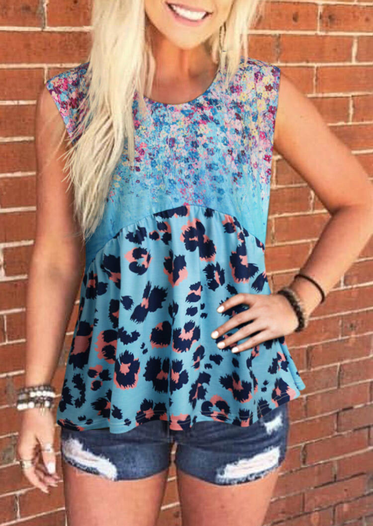 

Leopard Floral Ruffled O-Neck Tank, Multicolor, 502887
