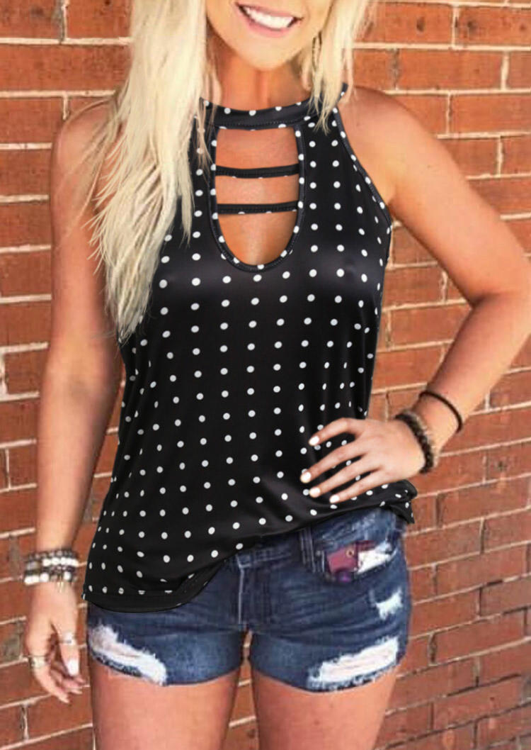 

Polka Dot Hollow Out Keyhole Neck Tank - Black, 502935