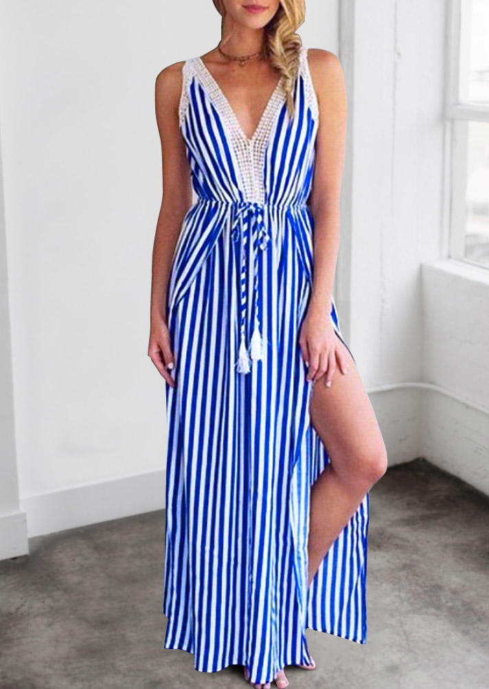 

Striped Lace Trim Tassel Drawstring Slit Maxi Dress - Royal Blue, 503061