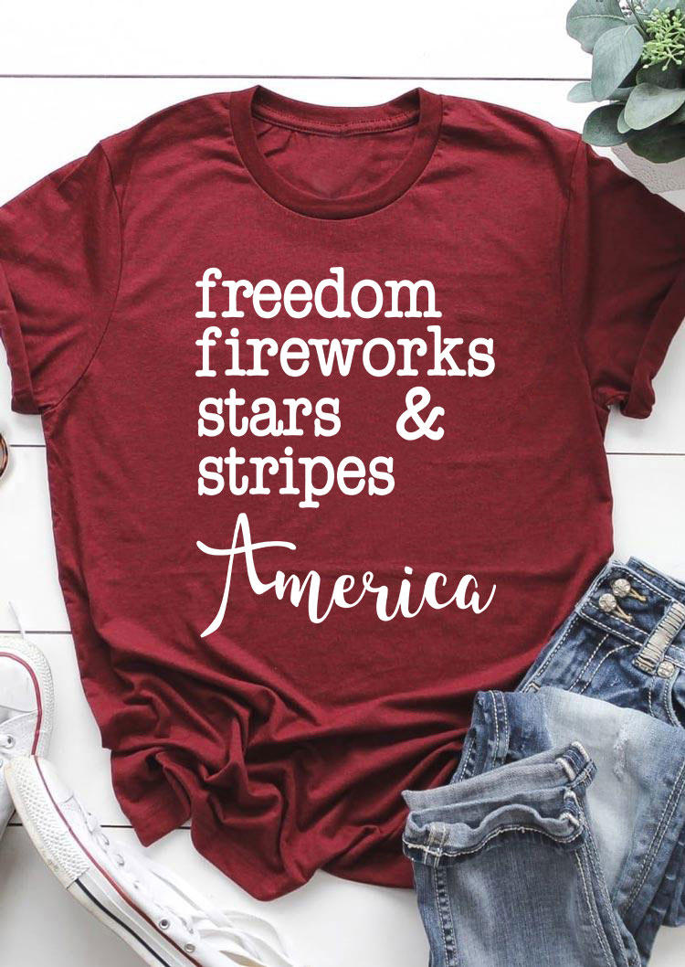 

Freedom Fireworks Stars & Stripes America T-Shirt Tee - Burgundy, 503099