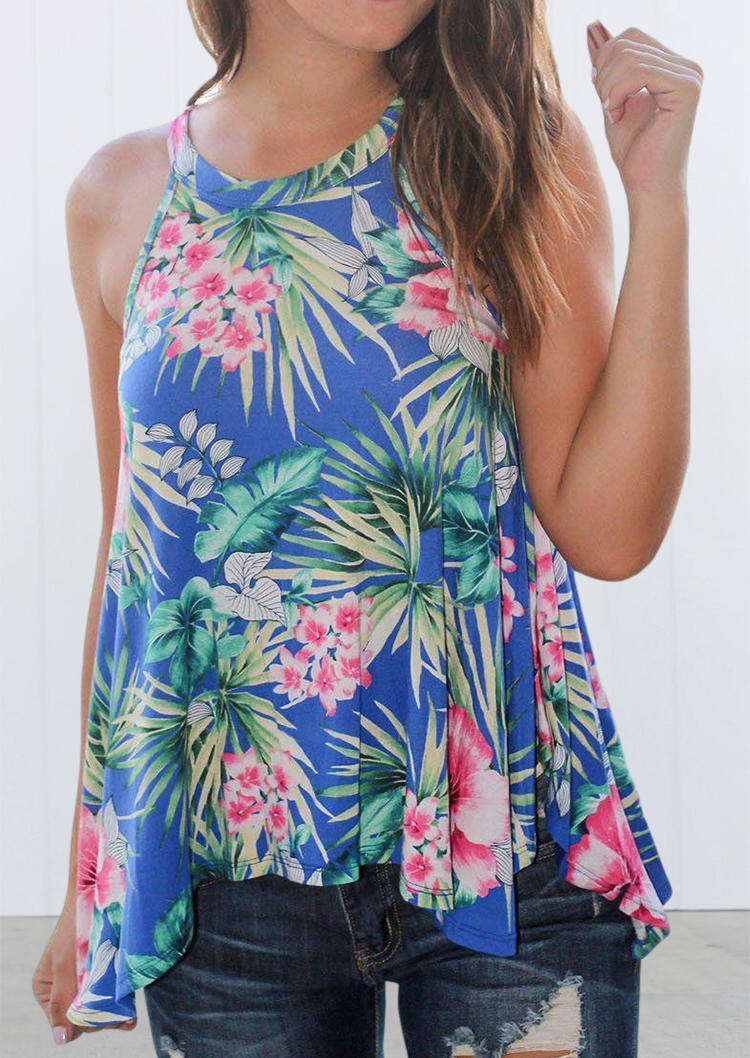 

Floral Palm Leaf Sleeveless Halter Tank, Multicolor, 503151