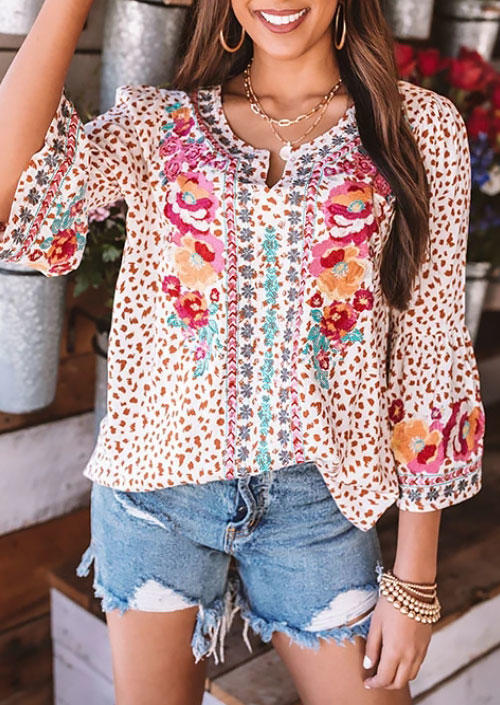 

Floral Flare Sleeve V-Neck Blouse, Multicolor, 503175