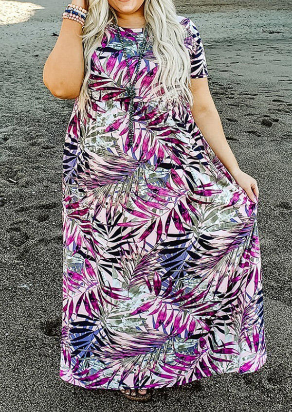 

Plus Size Palm Leaf Maxi Dress - Purple, 503473