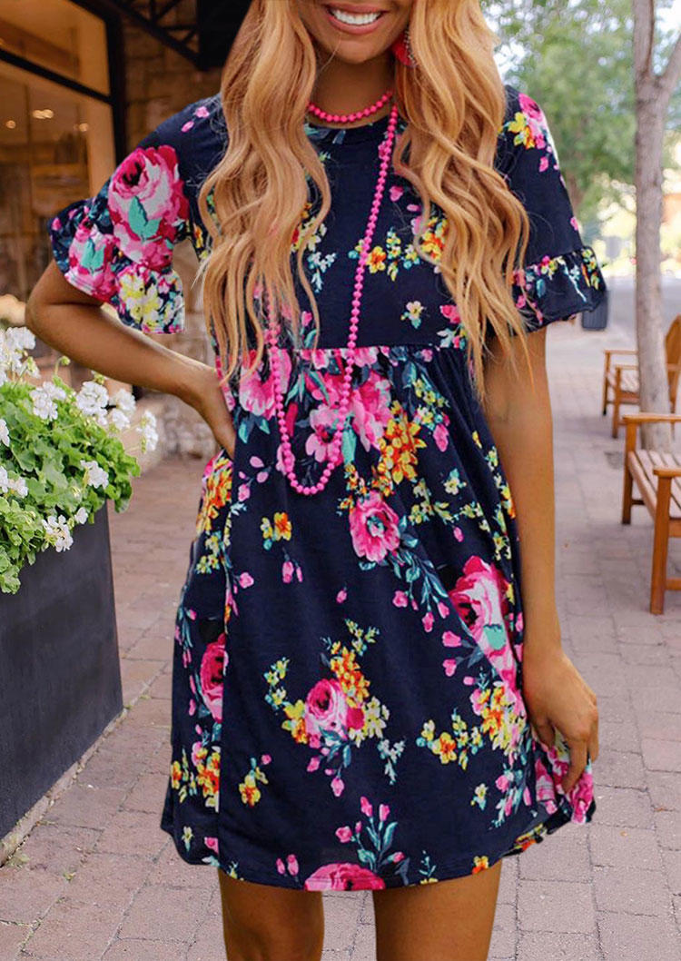 

Vintage Floral Ruffled O-Neck Mini Dress, Multicolor, 503474