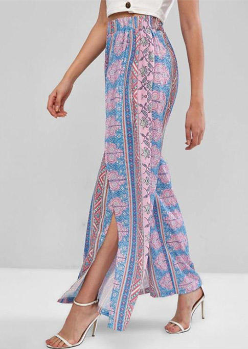 

Bohemian Geometric Elastic Waist Slit Wide Leg Pants, Multicolor, 503506