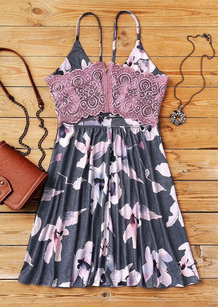 Lace Floral Splicing Spaghetti Strap Ruffled Mini Dress - Gray