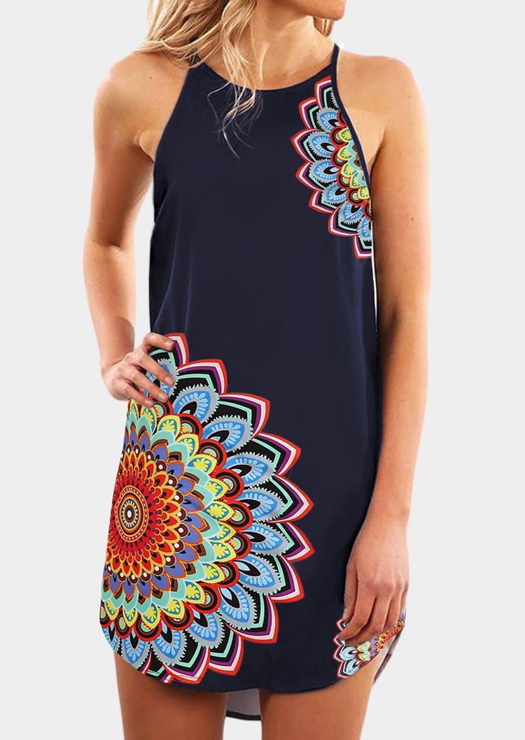 

Mandala Halter Sleeveless Mini Dress - Navy Blue, 499399