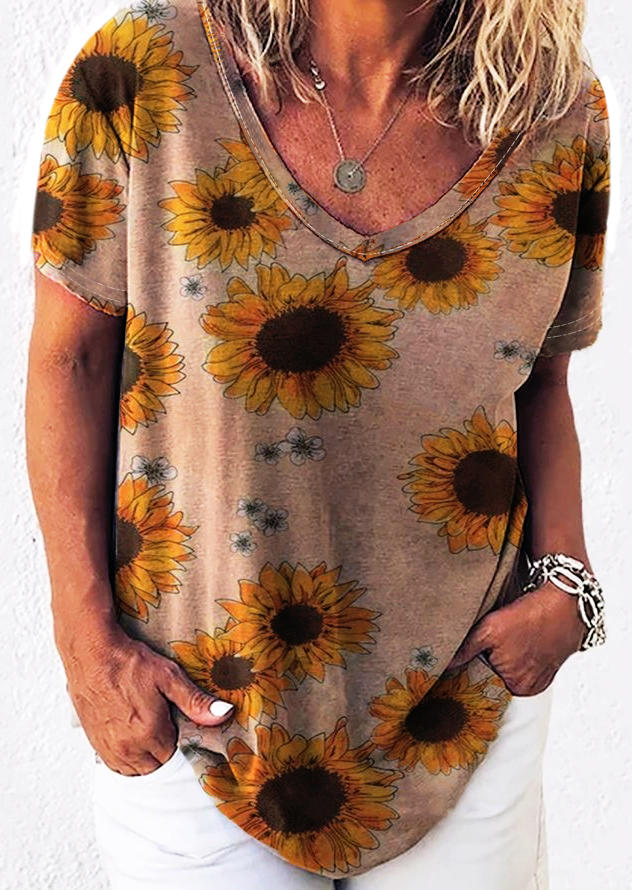 

Sunflower V-Neck Loose T-Shirt Tee, Multicolor, 501683