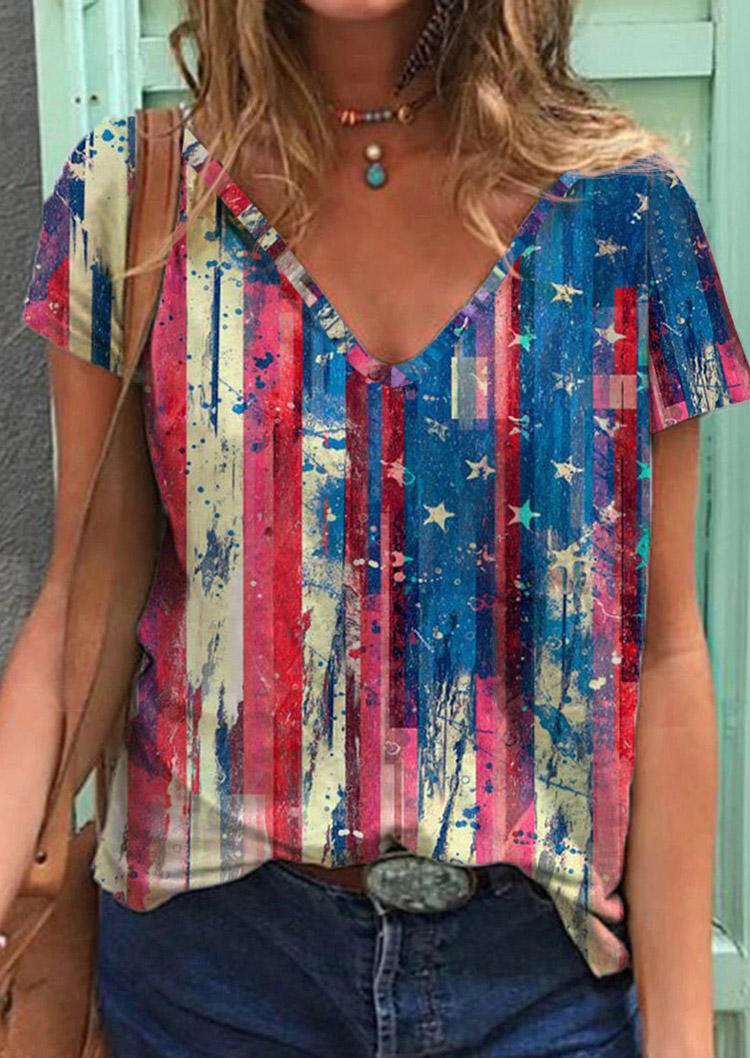 

American Flag Star Striped Oil Painting Blouse, Multicolor, 502472