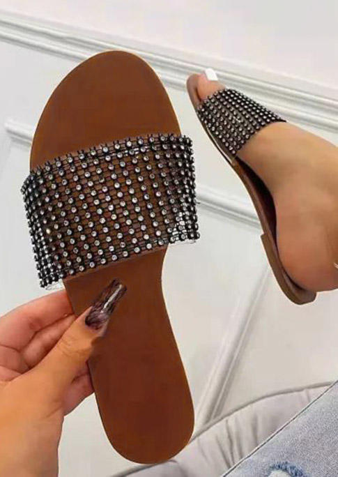 

Glitter Rhinestone Slip On Flat Slippers - Black, 502730