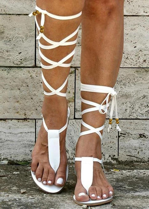 

Lace Up Tie Beading Flat Sandals - White, 502822