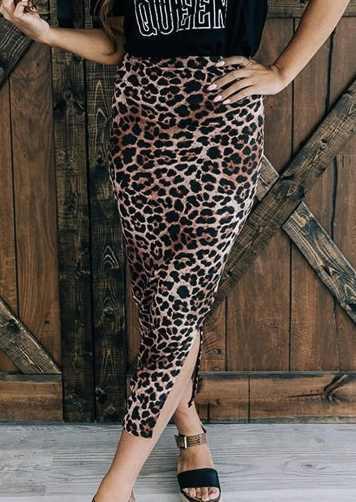 

Leopard Elastic Waist Slit Long Pencil Skirt, 502896