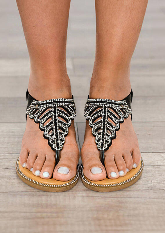 

Hollow Out Rhinestone T-Strap Flat Sandals - Black, 503004
