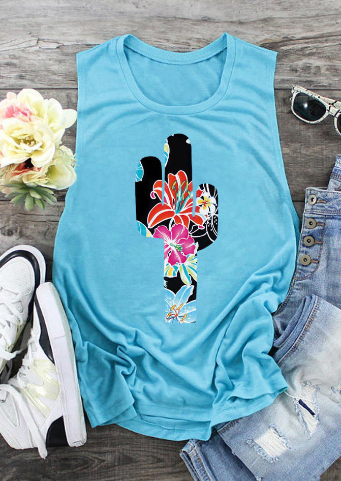 

Floral Cactus O-Neck Tank - Blue, 503144