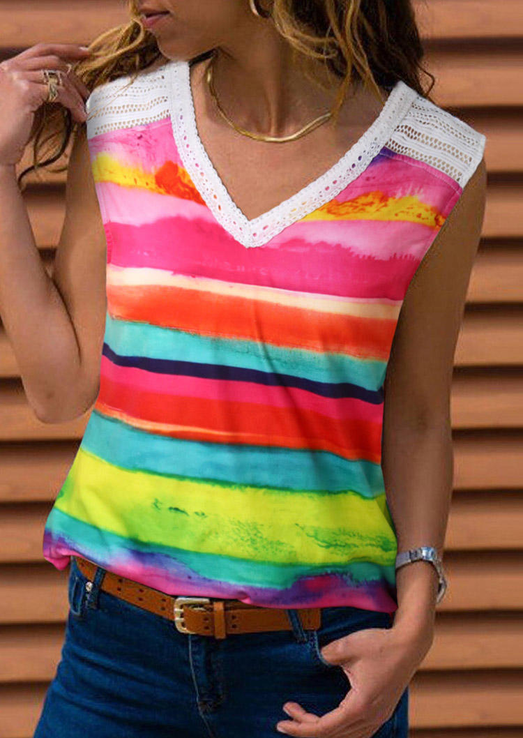 

Rainbow Striped Lace Splicing V-Neck Tank, Multicolor, 503208