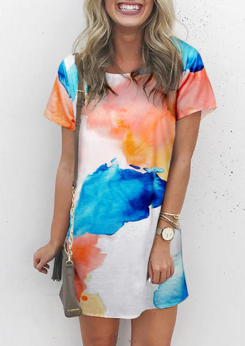 

Tie Dye Color Block O-Neck Mini Dress, Multicolor, 503227