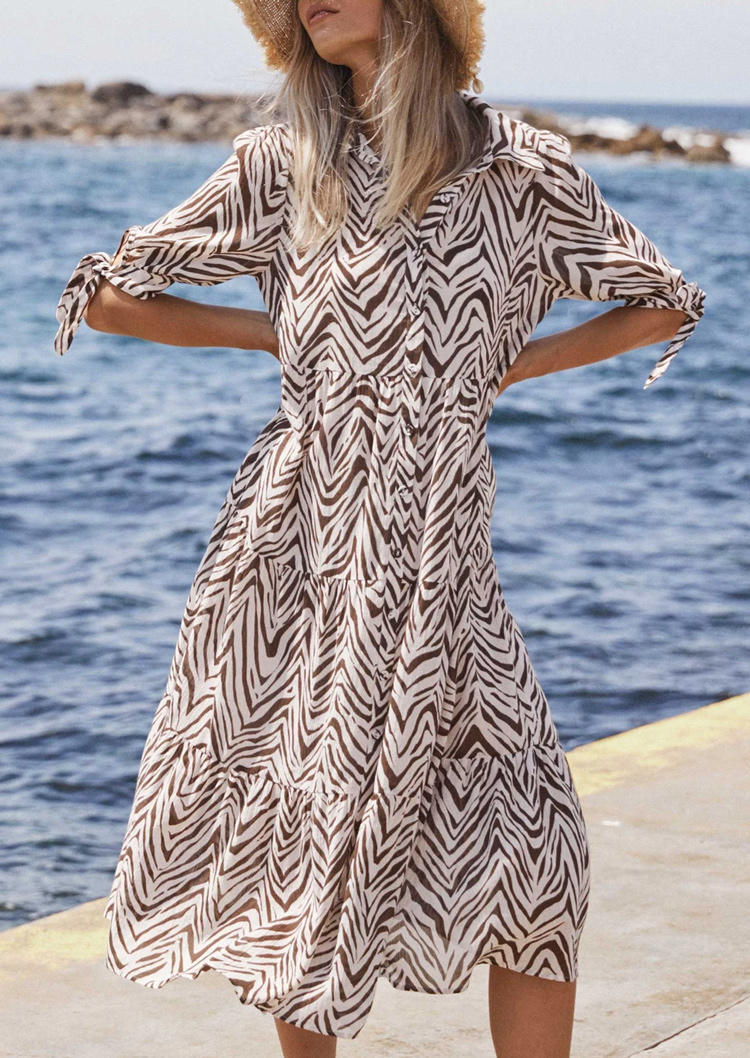 

Wave Zigzag Ruffled Tie Turn-Down Collar Midi Dress - White, 503340
