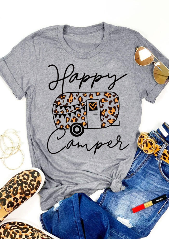 

Leopard Truck Happy Camper T-Shirt Tee - Gray, 503421