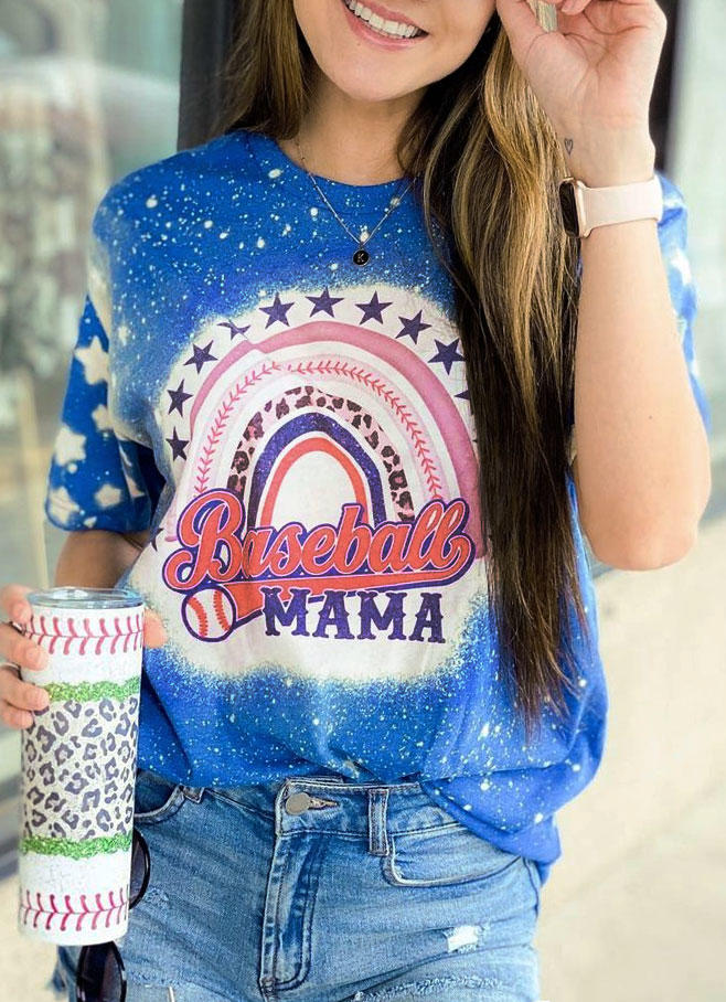 

Baseball Mama Star Leopard Bleached T-Shirt Tee - Blue, 503469