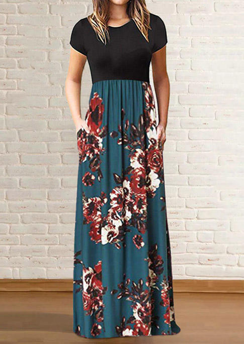 

Floral Pocket Ruffled O-Neck Maxi Dress - Dark Green, 503533